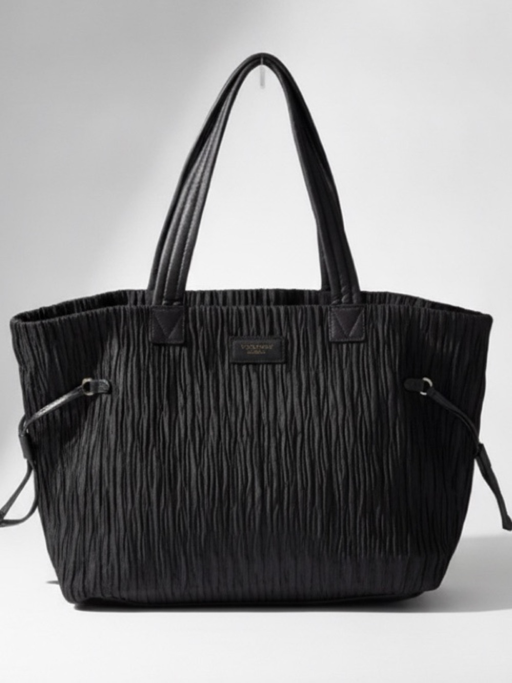 VICTORIA'S SECRET Large Tote Bag Crinkle Pleated Fabric Black Zip Closure